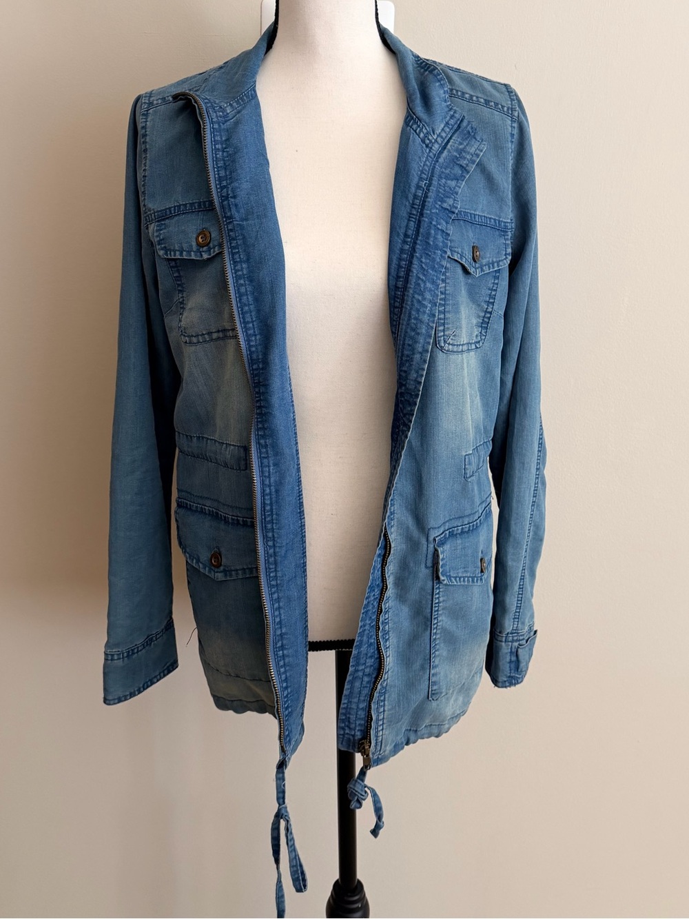 Sweet Wanderer Blue Denim Utility Jacket with Drawstring